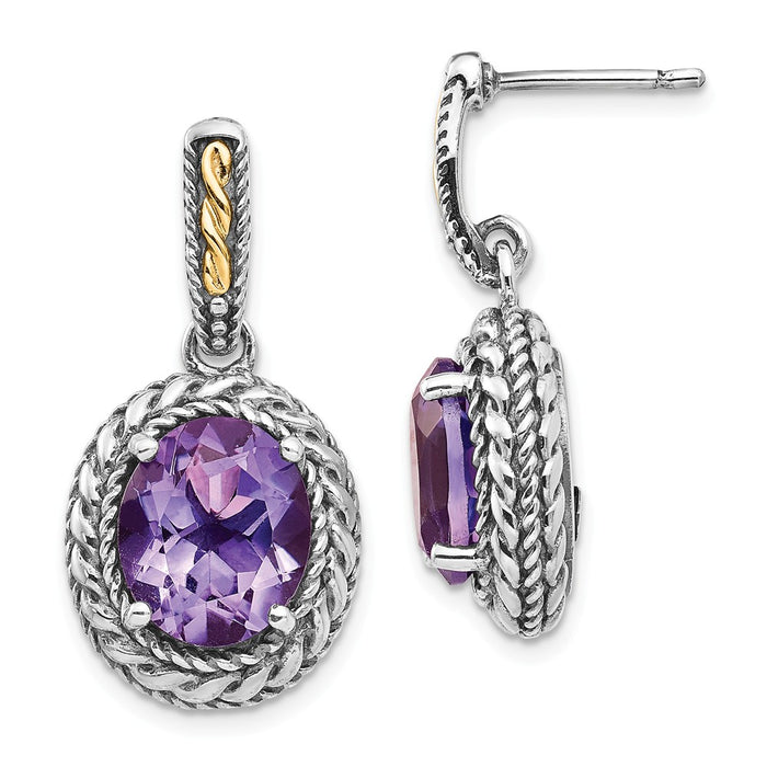 Sterling Silver with 14k Antiqued Amethyst Post Dangle Earrings, 30mm x 15mm