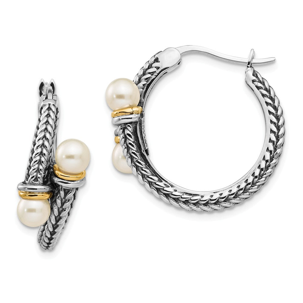 Sterling Silver with 14k 4mm Freshwater Cultured Pearl Hoop Earrings, 25mm x 25mm