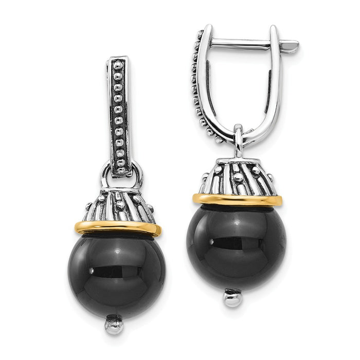 Sterling Silver with 14K Black Onyx Polished and Textured Earrings, 29mm x 11mm