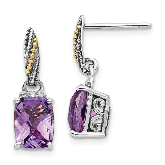 Sterling Silver with 14k Diamond and Amethyst Dangle Post Earrings, 21mm x 7mm