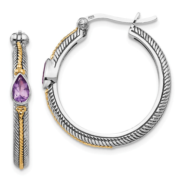 Sterling Silver with 14k Amethyst Hinged Hoop Earrings, 28mm x 26mm