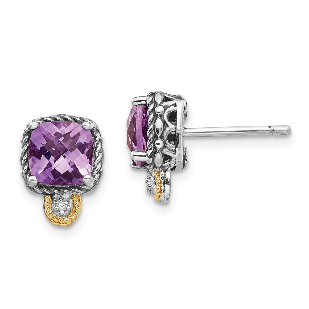 Sterling Silver with 14k Amethyst & Diamond Post Earrings, 11mm x 9mm