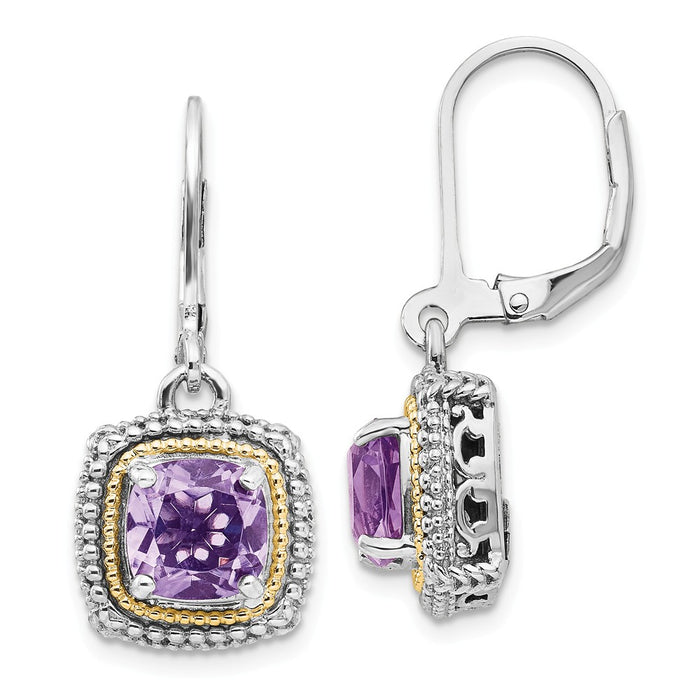 Sterling Silver with 14k Amethyst Leverback Earrings, 32mm x 13mm