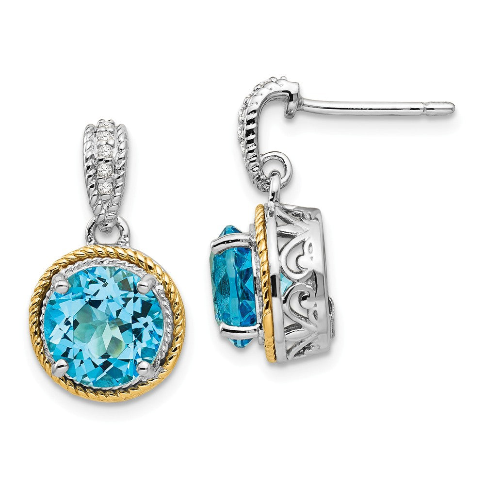 Sterling Silver with 14ky Blue Topaz Diamond Post Dangle Earrings, 20mm x 11mm