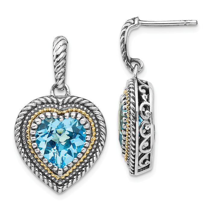 Sterling Silver with 14k Lt Swiss Blue Topaz Heart Dangle Post Earrings, 29mm x 18mm