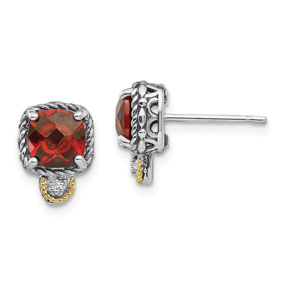 Sterling Silver with 14k Garnet & Diamond Post Earrings, 7mm x 7mm