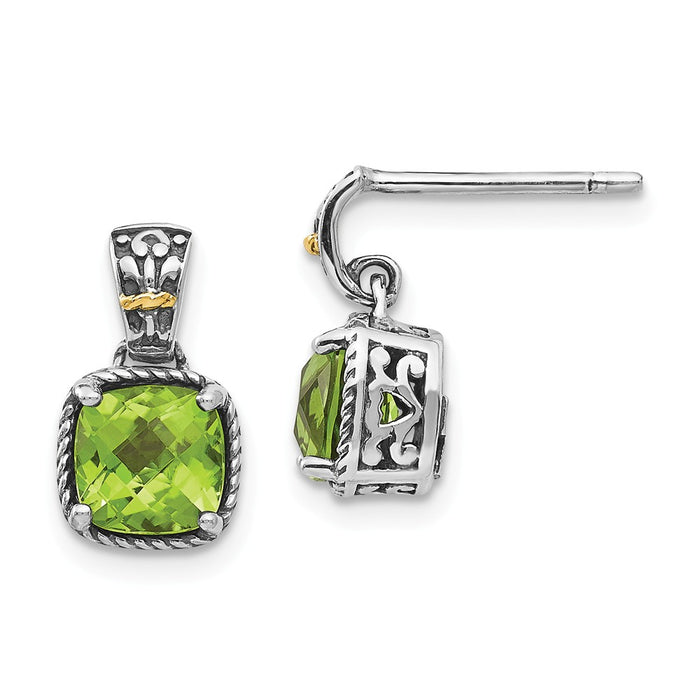 Sterling Silver with 14k Peridot Dangle Post Earrings, 14mm x 12mm