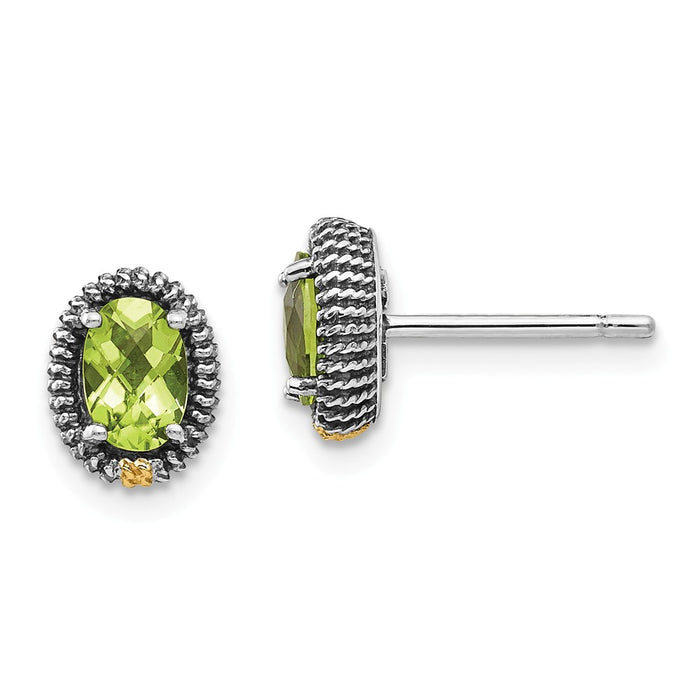 Sterling Silver with 14k Oval Peridot Post Earrings, 10mm x 8mm