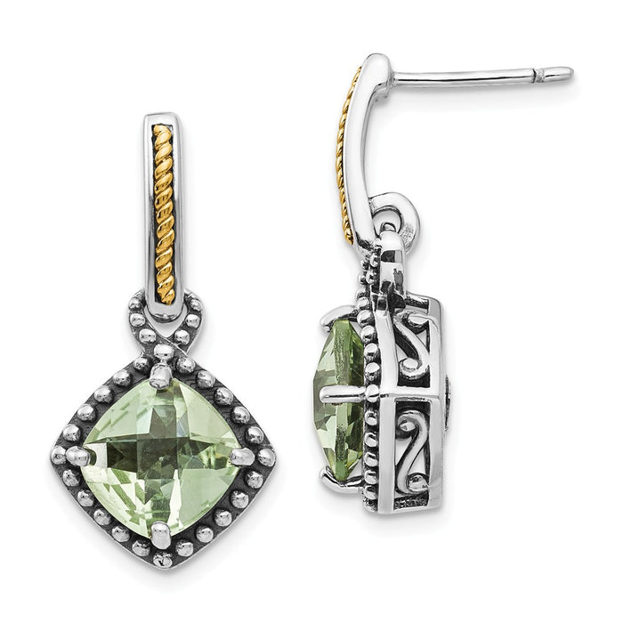 Sterling Silver with 14ky Green Quartz Post Dangle Earrings, 27mm x 14mm