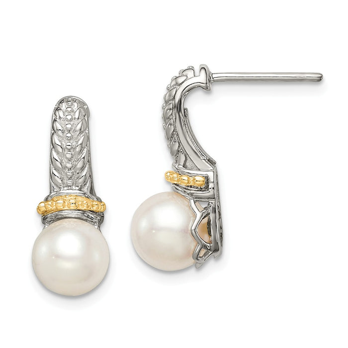 Sterling Silver with 14K Accent 7-8 Freshwater Cultured Pearl Post Dangle Earrings,