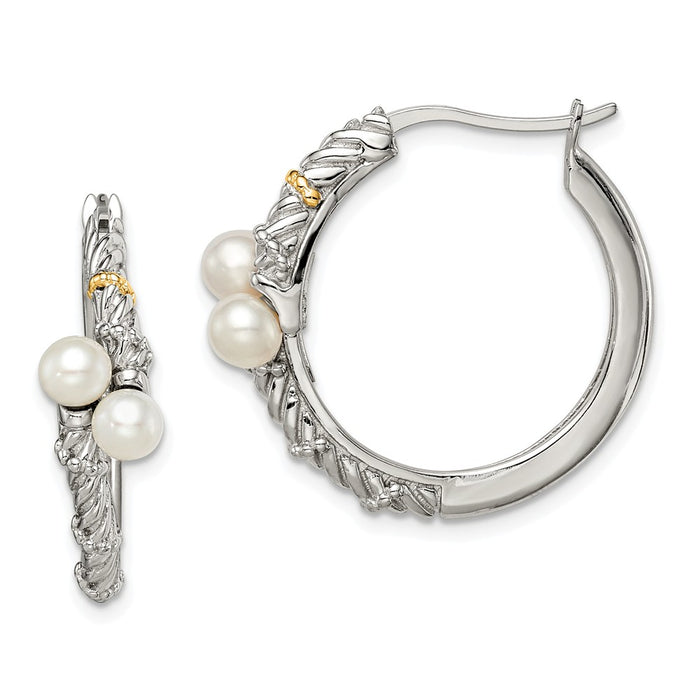 Sterling Silver with 14k Polished White Pearl Hoop Earrings,