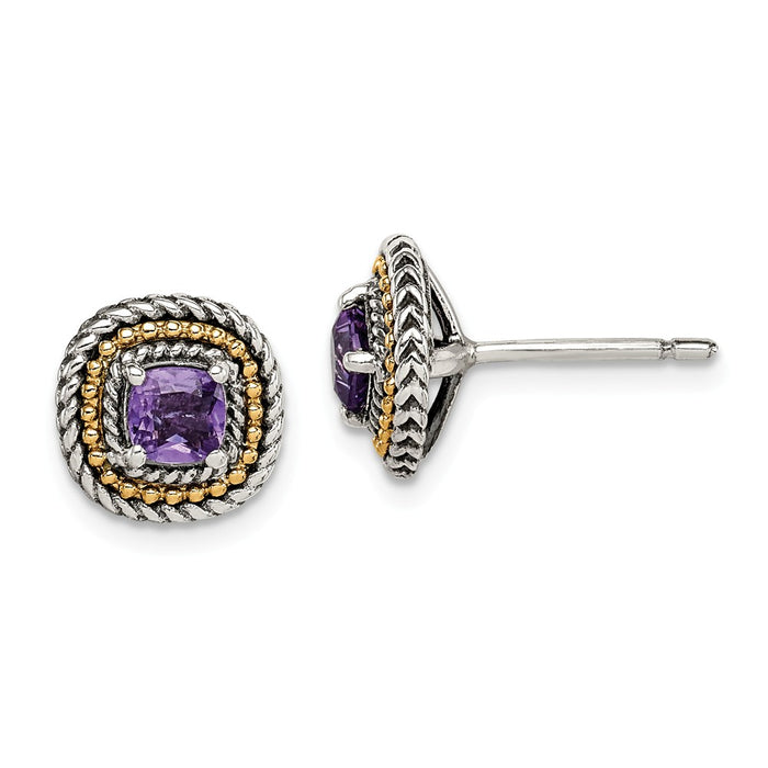 Sterling Silver with 14K Accent Amethyst Square Post Earrings,