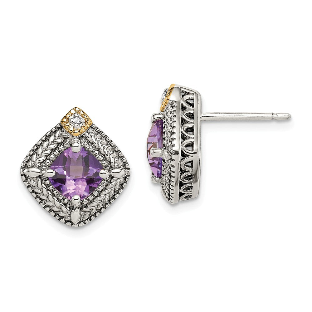 Sterling Silver with 14K Accent Amethyst & Diamond Post Earrings,