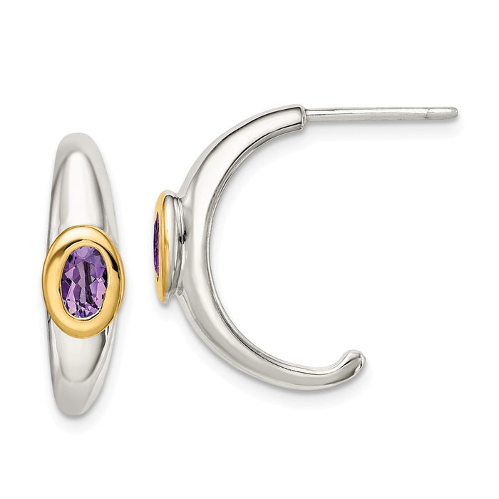 Sterling Silver with 14K Accent Amethyst J-Hoop Earrings,