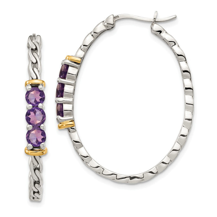 Sterling Silver with 14K Accent Amethyst Hinged Hoop Earrings, 34.77mm x 28.83mm