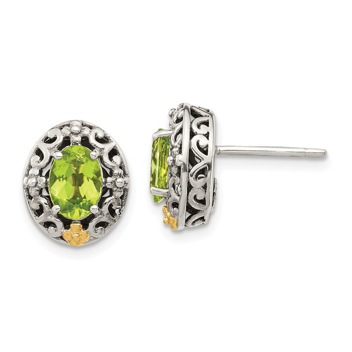 Sterling Silver with 14K Accent Peridot Post Earrings, 11.64mm x 9.86mm