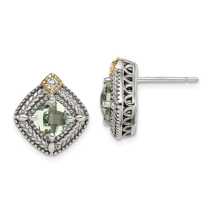 Sterling Silver with 14K Accent Green Quartz & Diamond Post Earrings,