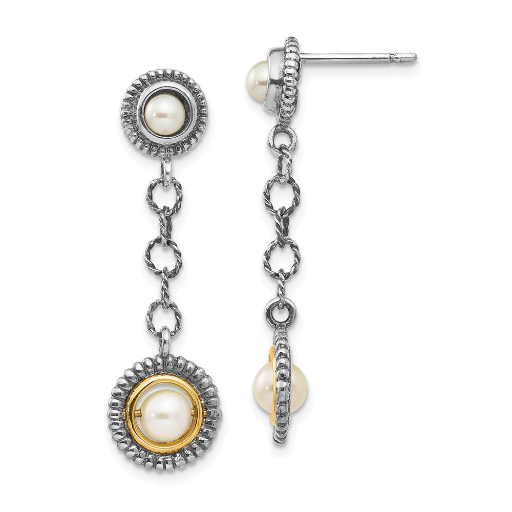 Sterling Silver with 14k 4 & 5mm Freshwater Cultured Pearl Earrings, 27mm x 10mm