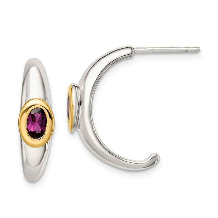 Sterling Silver with 14K Accent Rhodolite Garnet J-Hoop Earrings,