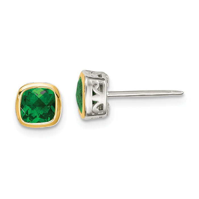 Sterling Silver with 14K Accent Created Emerald Square Stud Earrings, 6.3mm