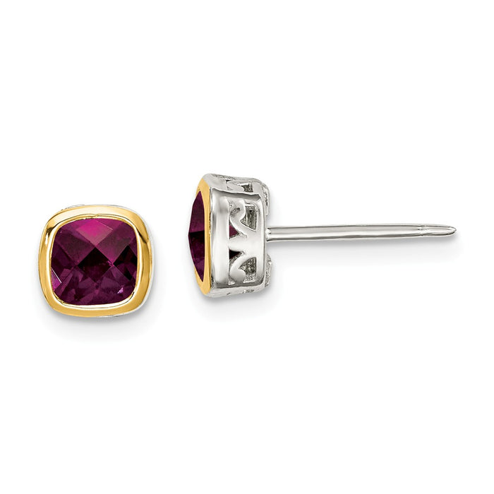 Sterling Silver with 14K Accent Rhodolite Garnet Square Stud Earrings, 6.3mm