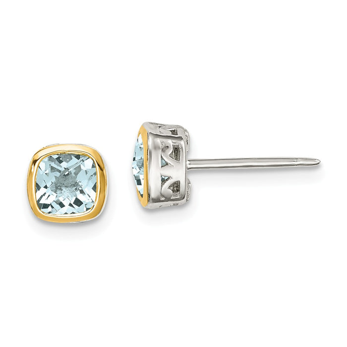 Sterling Silver with 14K Accent Aquamarine Square Stud Earrings, 6.3mm