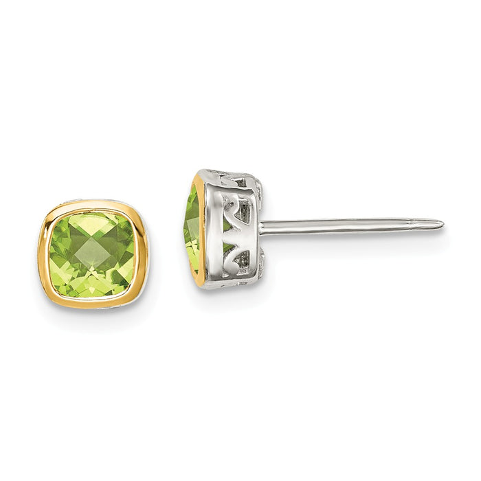Sterling Silver with 14K Accent Peridot Square Stud Earrings, 6.3mm