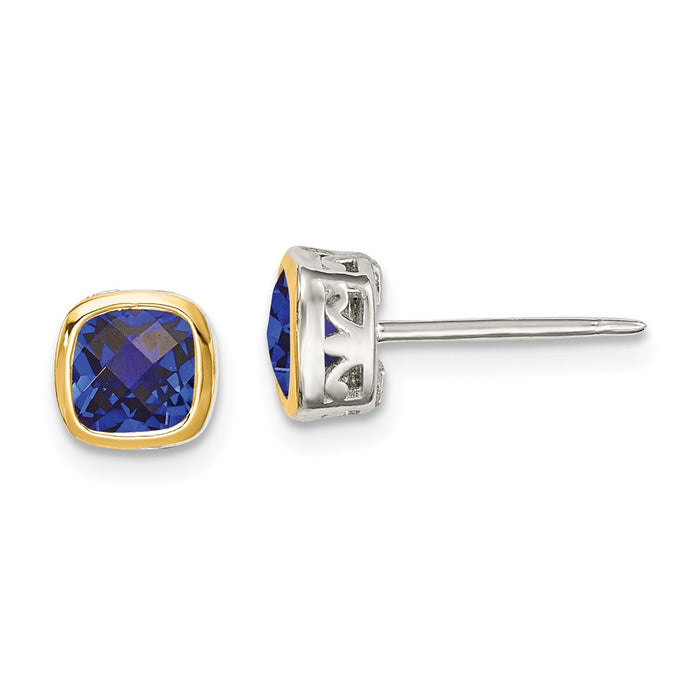 Sterling Silver with 14K Accent Created Sapphire Square Stud Earrings, 6.3mm