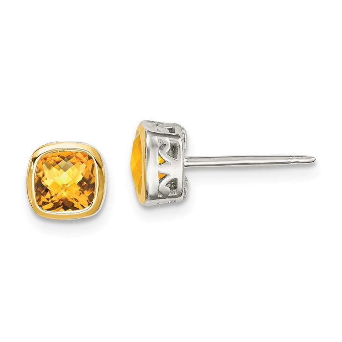 Sterling Silver with 14K Accent Citrine Square Stud Earrings, 6.3mm