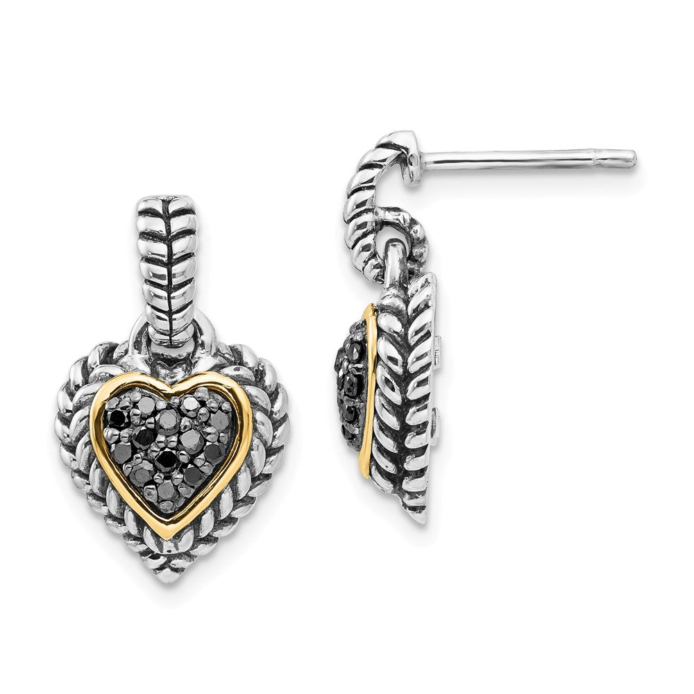 Sterling Silver with 14k Black Diamond Heart Earrings, 17mm x 11mm