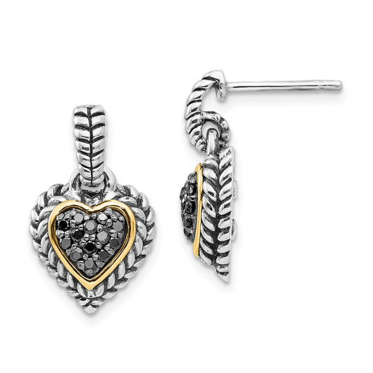 Sterling Silver with 14k Black Diamond Heart Earrings, 17mm x 11mm