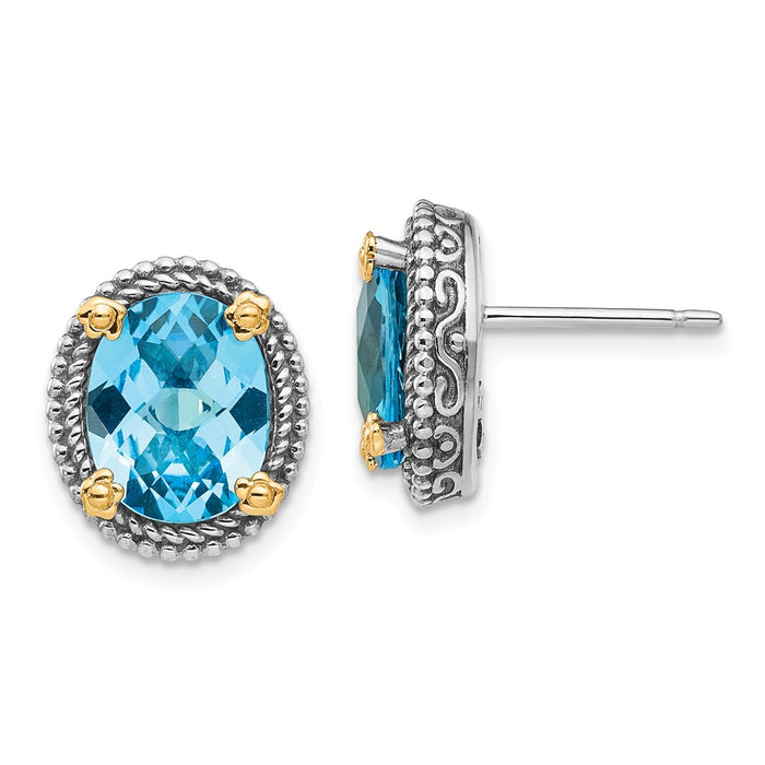 Sterling Silver with 14k Swiss Blue Topaz Earrings, 10mm x 10mm