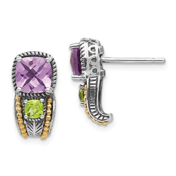 Sterling Silver with 14k Amethyst & Peridot Earrings, 15mm x 8mm