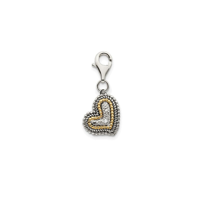 Million Charms Sterling Silver With 14K Antiqued Diamond Heart With Lobster Clasp Charm