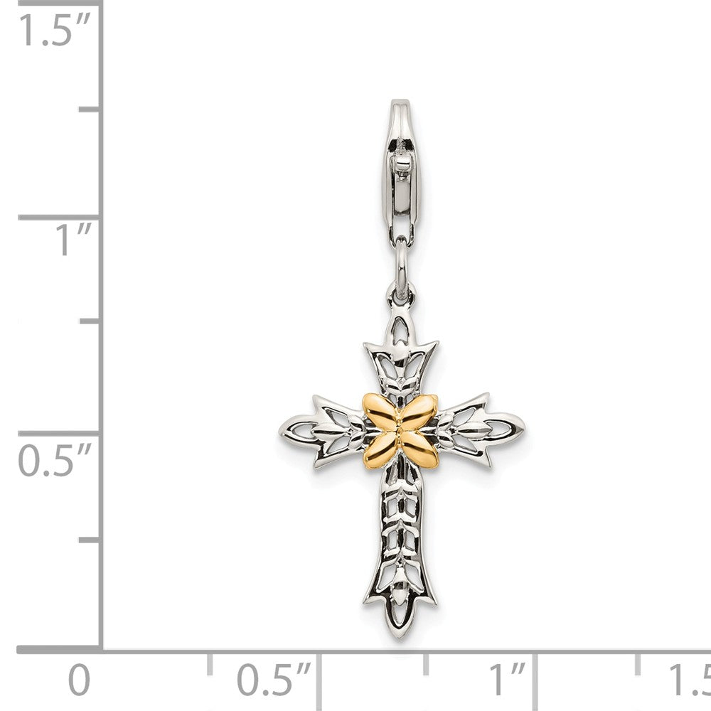 Million Charms Sterling Silver With 14K 3-D Antiqued Relgious Cross With Lobster Clasp Charm
