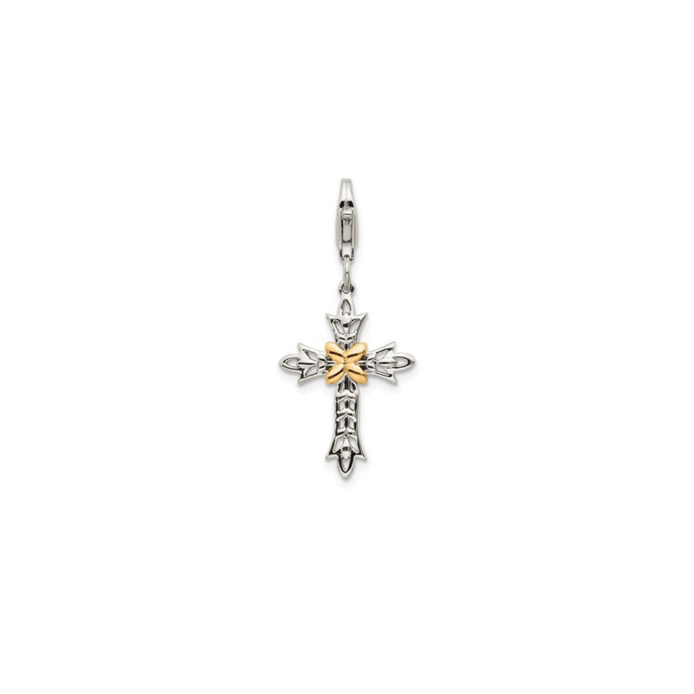 Million Charms Sterling Silver With 14K 3-D Antiqued Relgious Cross With Lobster Clasp Charm