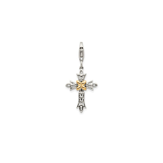Million Charms Sterling Silver With 14K 3-D Antiqued Relgious Cross With Lobster Clasp Charm