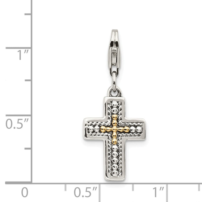 Million Charms Sterling Silver With 14K 3-D Antiqued Relgious Cross With Lobster Clasp Charm