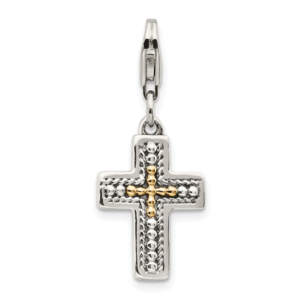 Million Charms Sterling Silver With 14K 3-D Antiqued Relgious Cross With Lobster Clasp Charm