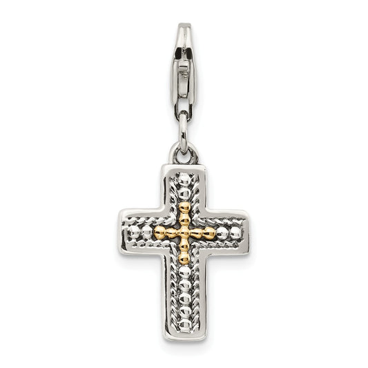 Million Charms Sterling Silver With 14K 3-D Antiqued Relgious Cross With Lobster Clasp Charm