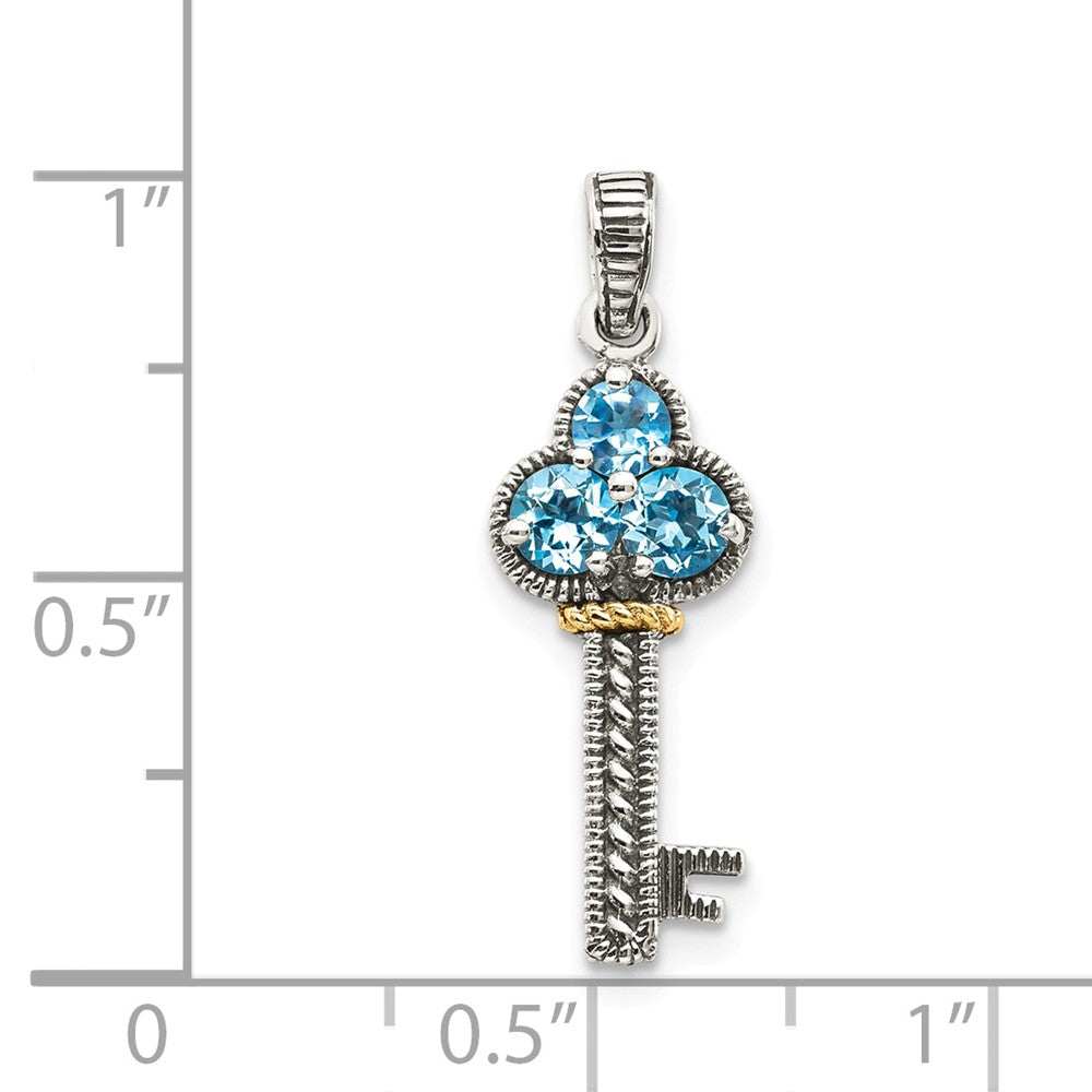 Million Charms Sterling Silver With 14K Blue Topaz Antiqued Key Charm