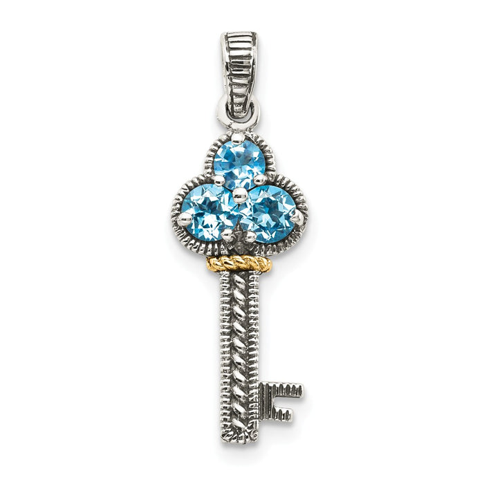 Million Charms Sterling Silver With 14K Blue Topaz Antiqued Key Charm