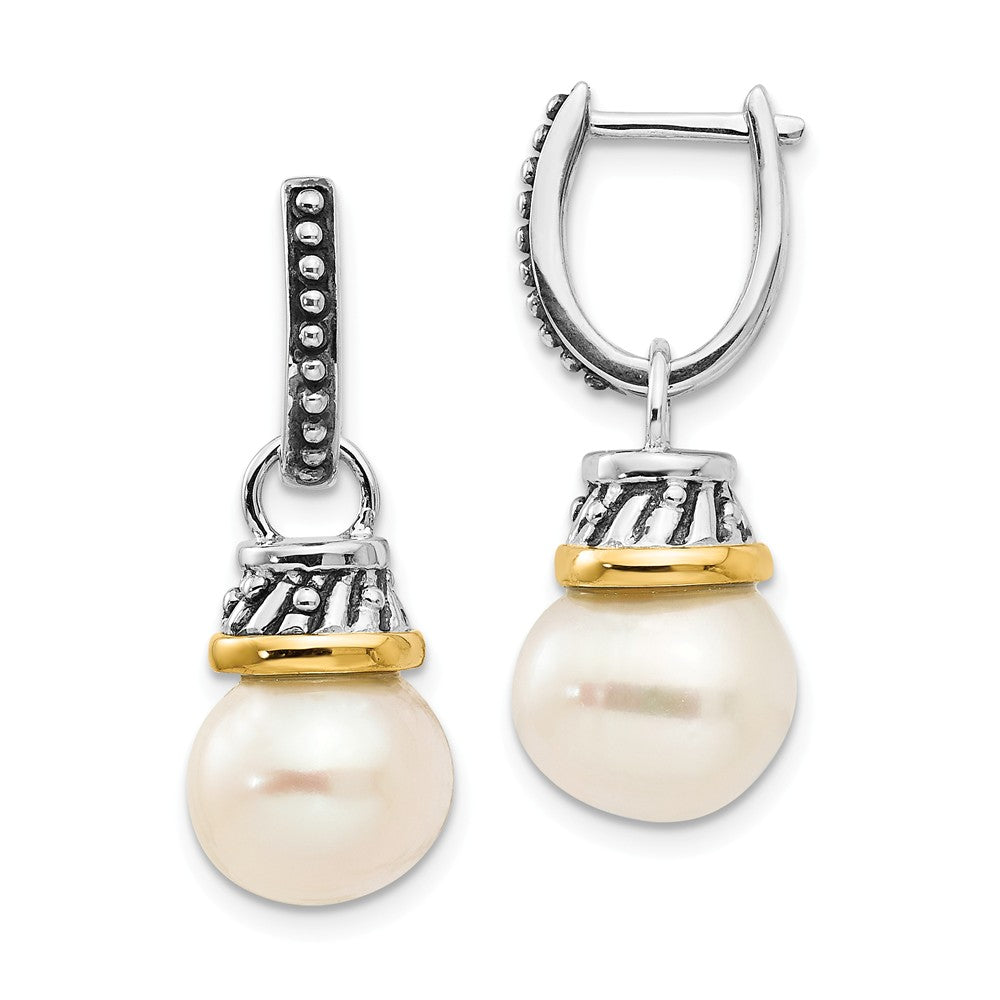 Sterling Silver with 14k 10mm Freshwater Cultured Pearl Dangle Earrings, 30mm x 10mm
