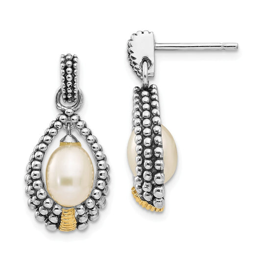 Sterling Silver with 14k 7x5mm Freshwater Cultured Pearl Drop Earrings, 20mm x 11mm