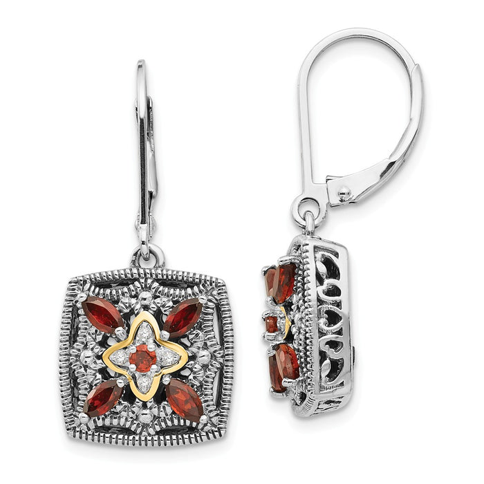 Sterling Silver with 14k Diamond & Garnet Earrings, 29mm x 13mm