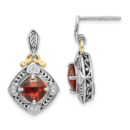 Sterling Silver with 14k Diamond & Garnet Earrings, 22mm x 13mm
