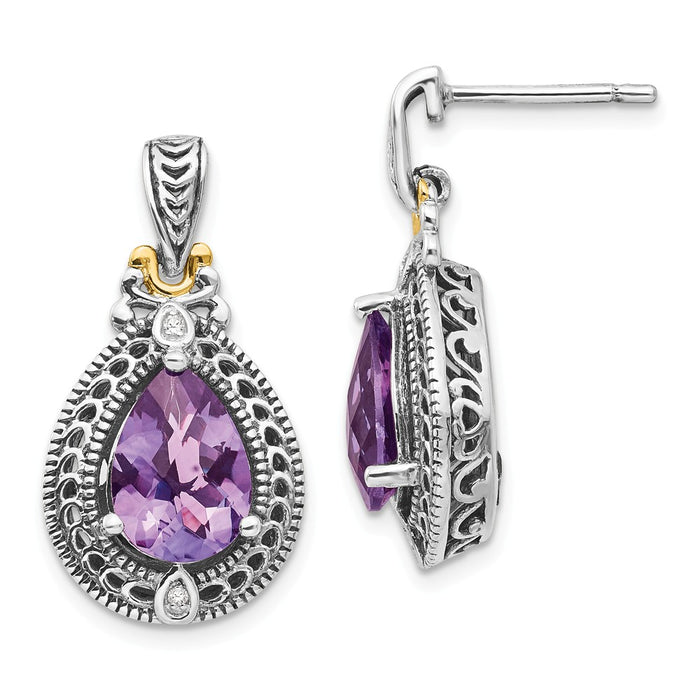 Sterling Silver with 14k Diamond & Amethyst Earrings, 24mm x 13mm