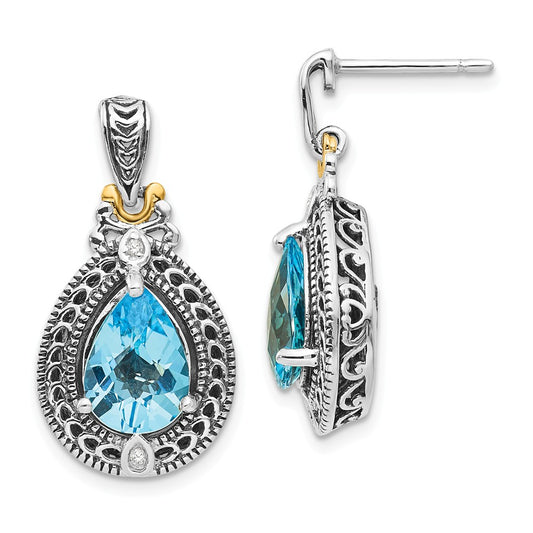 Sterling Silver with 14k Diamond & Blue Topaz Earrings, 24mm x 13mm