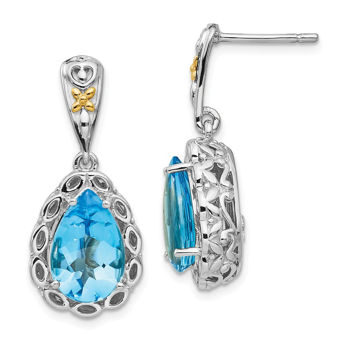 Sterling Silver with 14k Blue Topaz Earrings, 27mm x 12mm