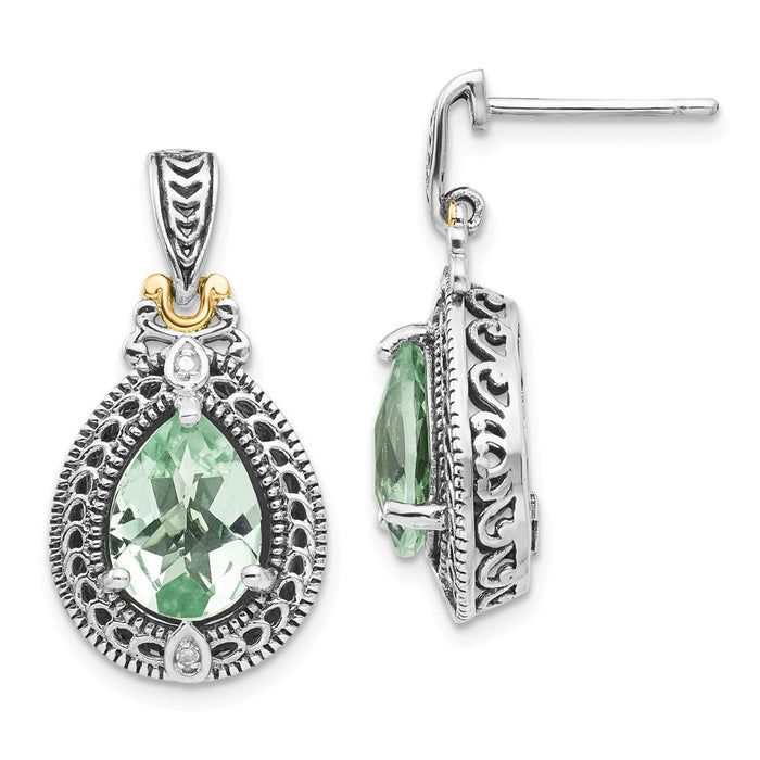 Sterling Silver with 14k Diamond & Green Quartz Earrings, 25mm x 13mm